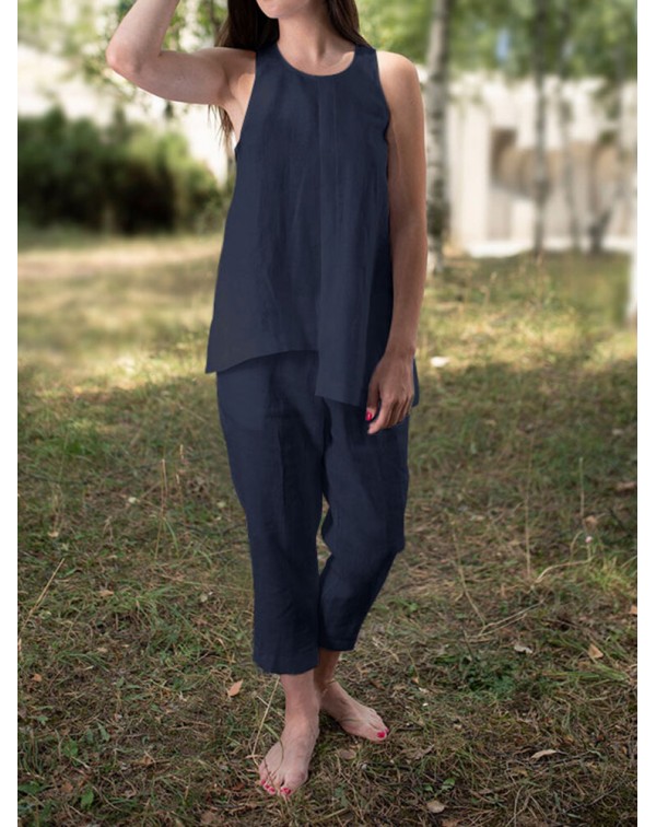 Solid Round Neck Sleeveless Irregular Hem Casual C...