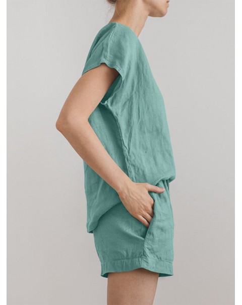 Solid Elastic Waist Pocket Short Sleeve Cotton Casual Suit - Green S