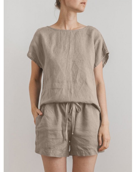 Solid Elastic Waist Pocket Short Sleeve Cotton Casual Suit - Green S