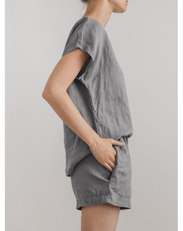 Solid Elastic Waist Pocket Short Sleeve Cotton Cas...