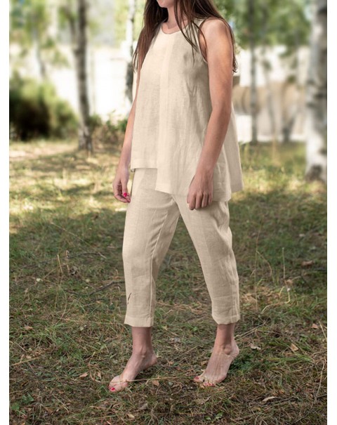 Solid Round Neck Sleeveless Irregular Hem Casual Cotton Suit - Navy S