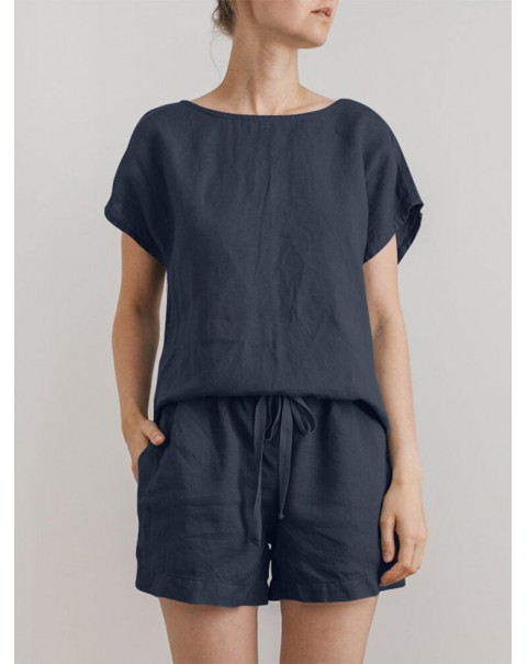 Solid Elastic Waist Pocket Short Sleeve Cotton Casual Suit - Green S