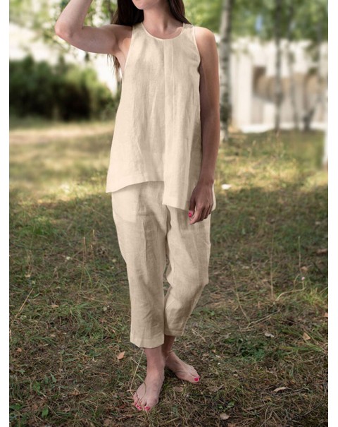 Solid Round Neck Sleeveless Irregular Hem Casual Cotton Suit - Navy S