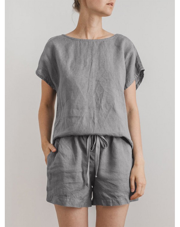 Solid Elastic Waist Pocket Short Sleeve Cotton Cas...