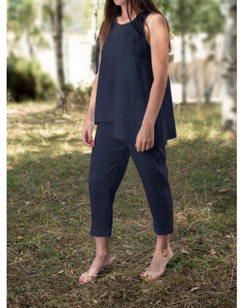Solid Round Neck Sleeveless Irregular Hem Casual Cotton Suit - Navy S
