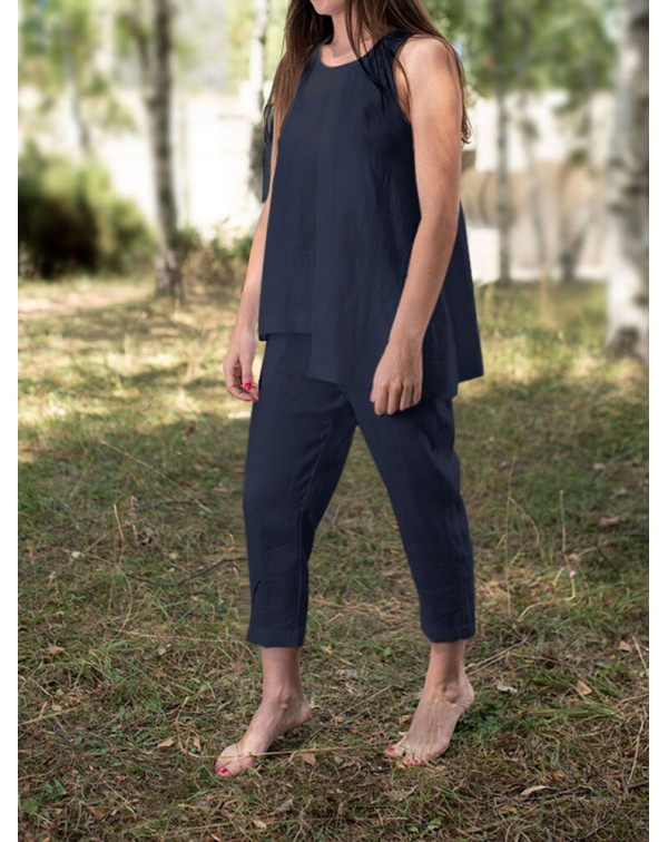 Solid Round Neck Sleeveless Irregular Hem Casual C...