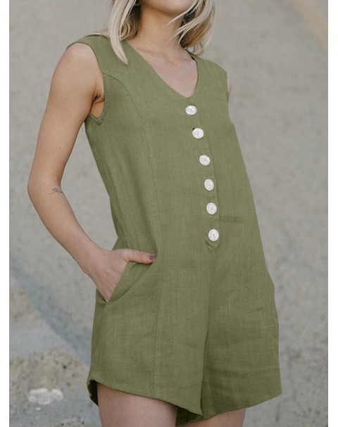 Cotton Solid Button Pocket Sleeveless V Neck Casual Romper - Coffee 4XL