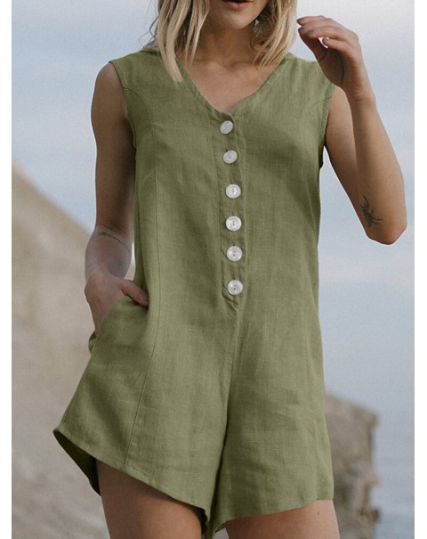 Cotton Solid Button Pocket Sleeveless V Neck Casual Romper - Coffee 4XL