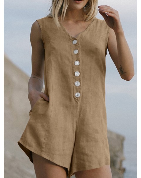 Cotton Solid Button Pocket Sleeveless V Neck Casual Romper - Coffee 4XL