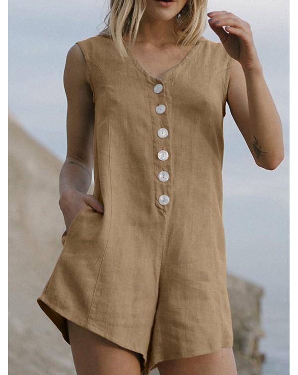 Cotton Solid Button Pocket Sleeveless V Neck Casua...