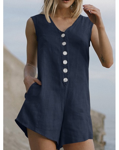 Cotton Solid Button Pocket Sleeveless V Neck Casual Romper - Coffee 4XL