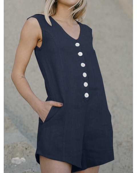 Cotton Solid Button Pocket Sleeveless V Neck Casual Romper - Coffee 4XL