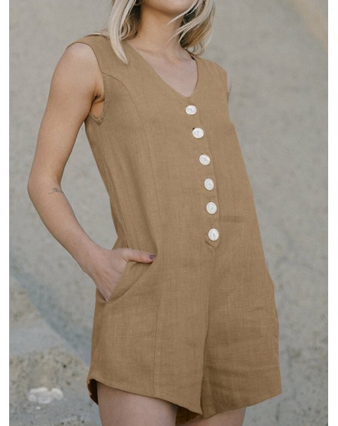 Cotton Solid Button Pocket Sleeveless V Neck Casual Romper - Coffee 4XL