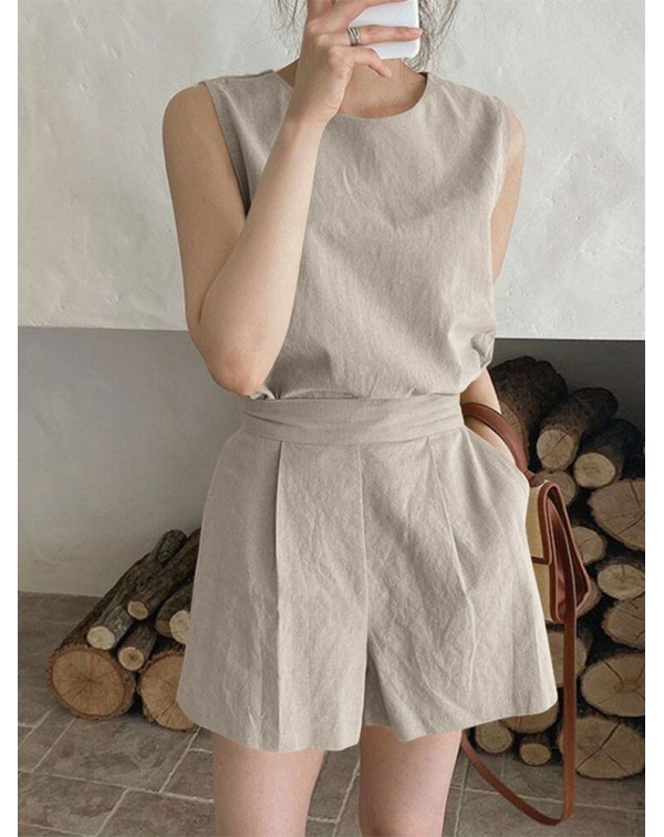 Solid Slit Back Pocket Elastic Waist Two Pieces Su...