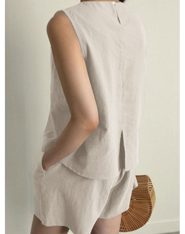 Solid Slit Back Pocket Elastic Waist Two Pieces Su...