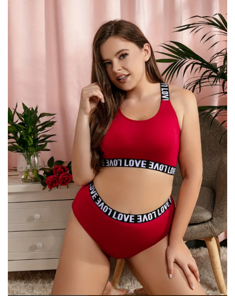 Plus Size Casual Lingerie Set, Women's Plus Letter Tape Strappy Bra & Underwear Lingerie Two Piece Set