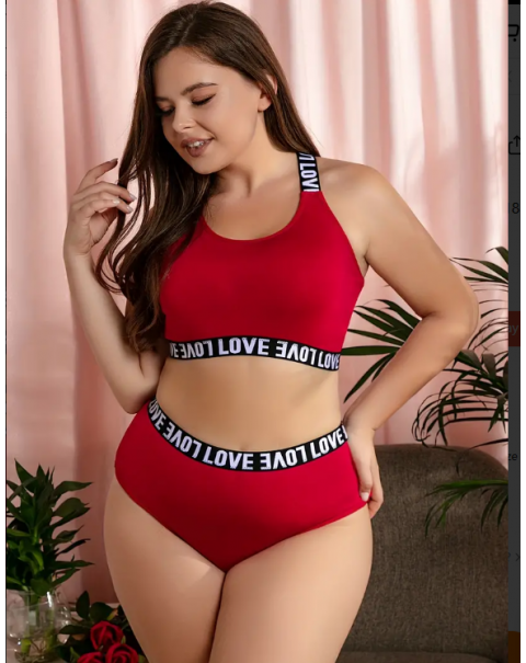 Plus Size Casual Lingerie Set, Women's Plus Letter Tape Strappy Bra & Underwear Lingerie Two Piece Set