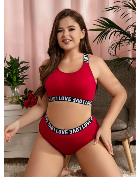 Plus Size Casual Lingerie Set, Women's Plus Letter Tape Strappy Bra & Underwear Lingerie Two Piece Set