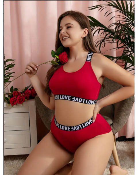 Plus Size Casual Lingerie Set, Women's Plus Letter Tape Strappy Bra & Underwear Lingerie Two Piece Set
