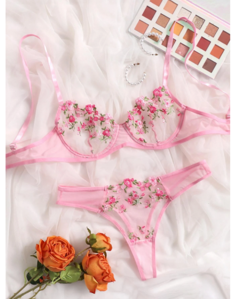 Floral Embroidery Mesh Underwire Lingerie Set