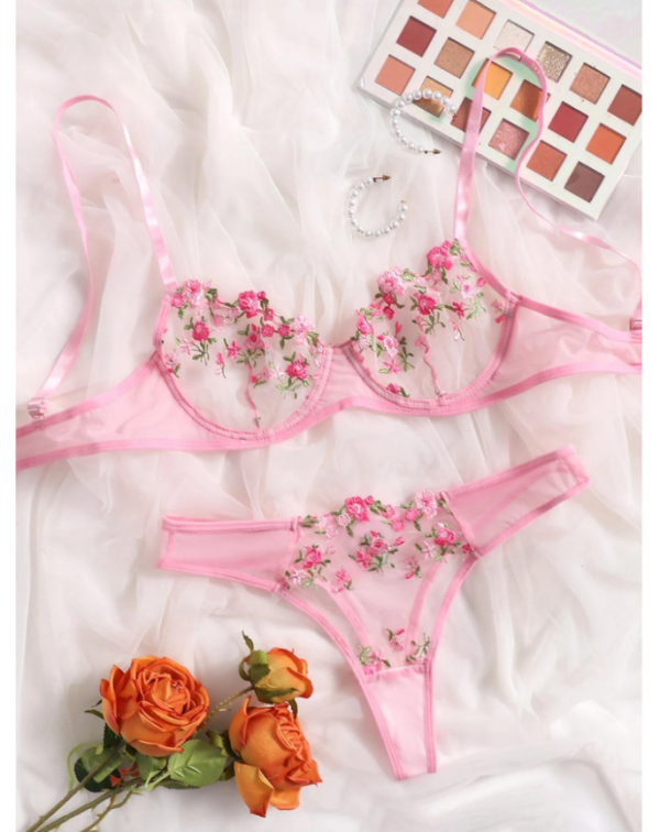 Floral Embroidery Mesh Underwire Lingerie Set