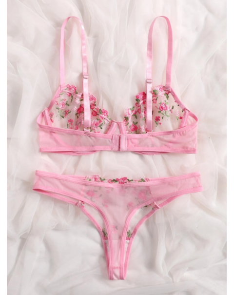 Floral Embroidery Mesh Underwire Lingerie Set