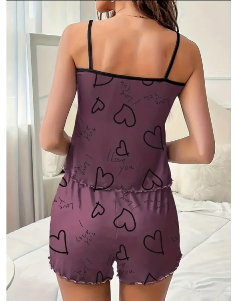 Cute Heart Print Pajama Set, Crew Neck Slip Top & Elastic Waistband Shorts, Women's Sleepwear & Loungewear