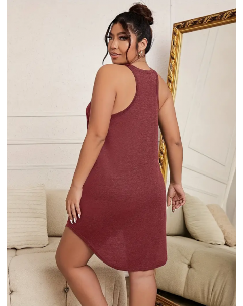 Plus Size Basic Loungewear Dress, Women's Plus Plain Round Neck Curve Hem Tank Sleep Dress