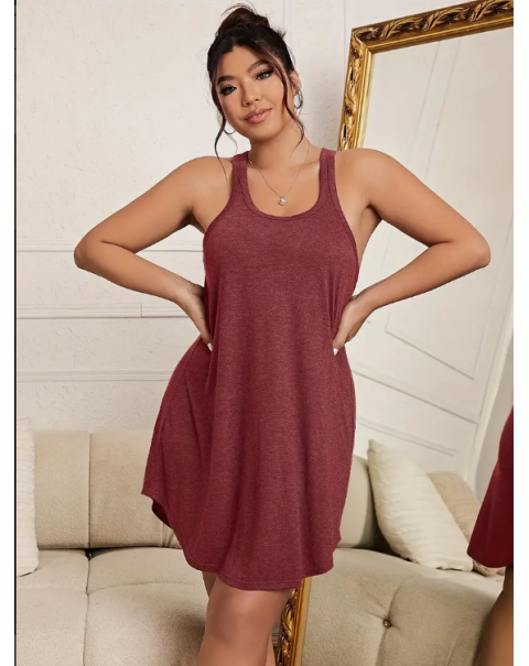 Plus Size Basic Loungewear Dress, Women's Plus Plain Round Neck Curve Hem Tank Sleep Dress