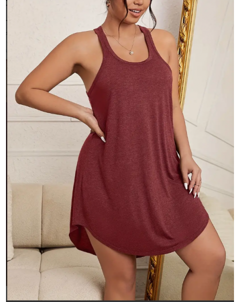 Plus Size Basic Loungewear Dress, Women's Plus Plain Round Neck Curve Hem Tank Sleep Dress