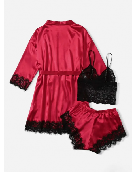 3 Piece Lace Trim Solid Satin Pajamas Set, Long Sleeve Short Robe + V Neck Cami Top + Lounge Shorts, Women's Loungewear & Sleepwear