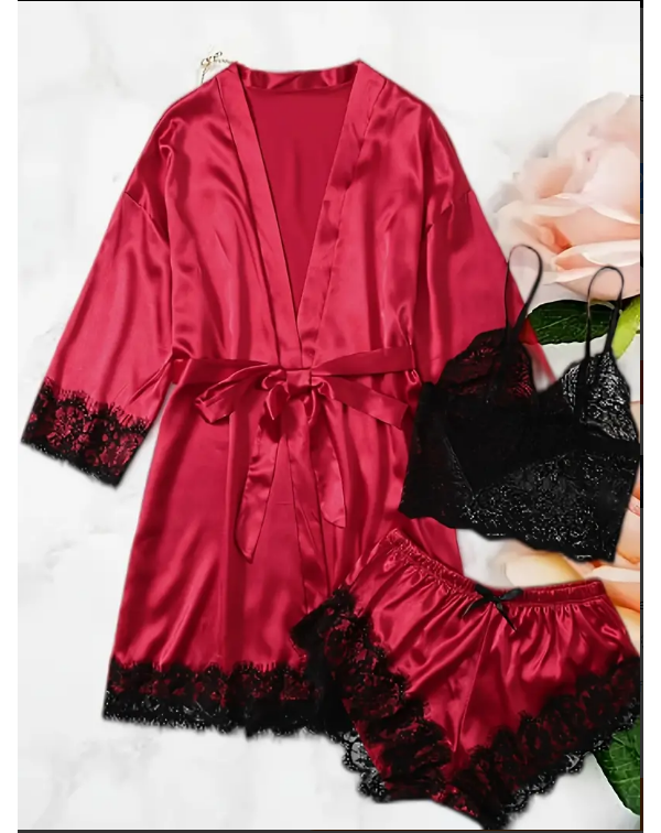 3 Piece Lace Trim Solid Satin Pajamas Set, Long Sl...