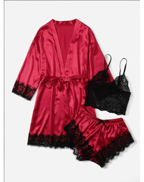 3 Piece Lace Trim Solid Satin Pajamas Set, Long Sleeve Short Robe + V Neck Cami Top + Lounge Shorts, Women's Loungewear & Sleepwear