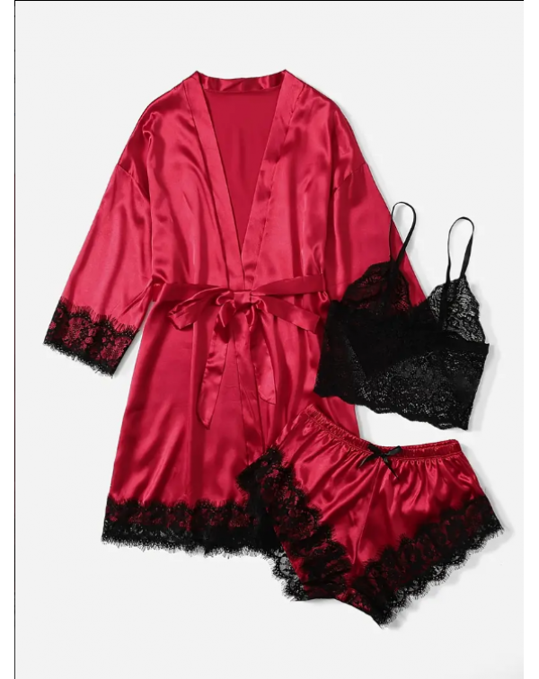 3 Piece Lace Trim Solid Satin Pajamas Set, Long Sl...