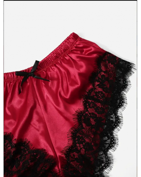 3 Piece Lace Trim Solid Satin Pajamas Set, Long Sleeve Short Robe + V Neck Cami Top + Lounge Shorts, Women's Loungewear & Sleepwear