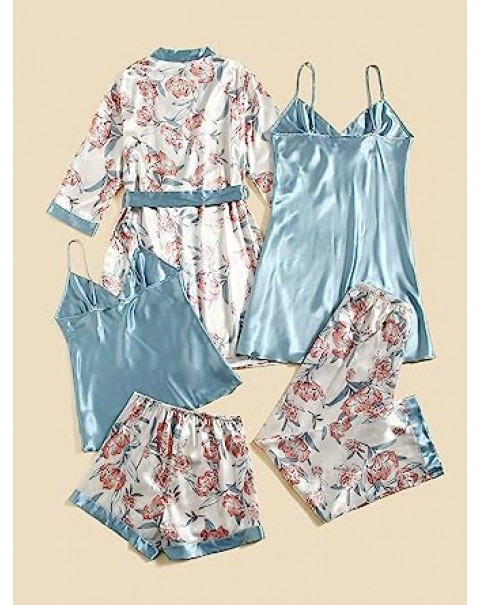 Women's 5 Piece Sleepwear Floral Satin Cami Pajama Set Silk Nightgown with Robe