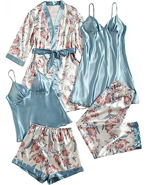 Women's 5 Piece Sleepwear Floral Satin Cami Pajama...