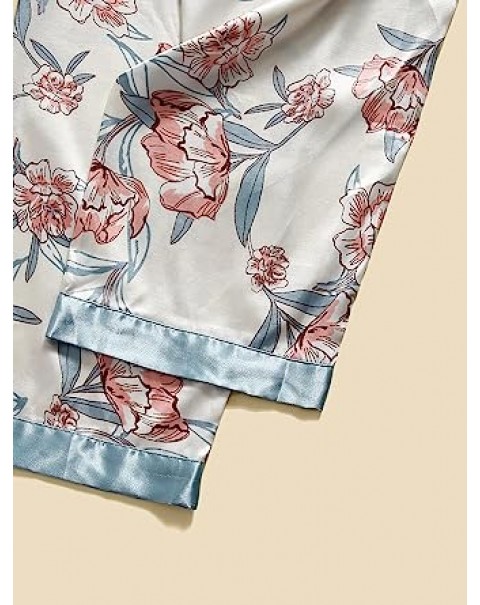 Women's 5 Piece Sleepwear Floral Satin Cami Pajama Set Silk Nightgown with Robe