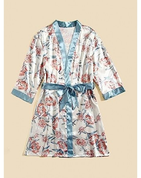 Women's 5 Piece Sleepwear Floral Satin Cami Pajama Set Silk Nightgown with Robe