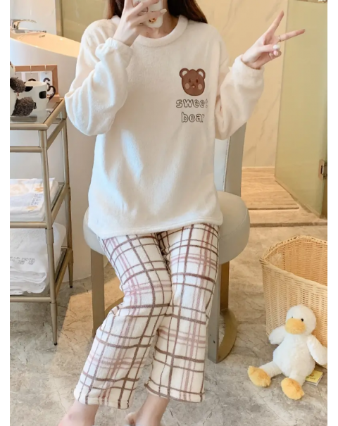 Cute & Warm Teddy Bear Pattern Loungewear Pajamas, Long Sleeve Pullover Tops & Plaid Pants, Women's Sleepwear & Loungewear