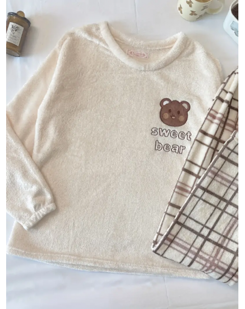 Cute & Warm Teddy Bear Pattern Loungewear Pajamas, Long Sleeve Pullover Tops & Plaid Pants, Women's Sleepwear & Loungewear