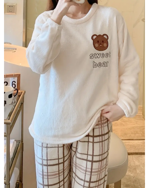 Cute & Warm Teddy Bear Pattern Loungewear Pajamas, Long Sleeve Pullover Tops & Plaid Pants, Women's Sleepwear & Loungewear