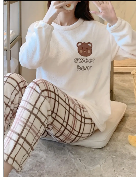 Cute & Warm Teddy Bear Pattern Loungewear Pajamas, Long Sleeve Pullover Tops & Plaid Pants, Women's Sleepwear & Loungewear