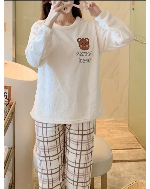 Cute & Warm Teddy Bear Pattern Loungewear Pajamas, Long Sleeve Pullover Tops & Plaid Pants, Women's Sleepwear & Loungewear