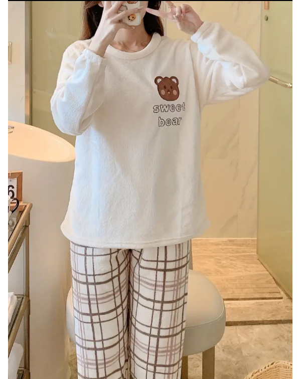 Cute & Warm Teddy Bear Pattern Loungewear Paja...