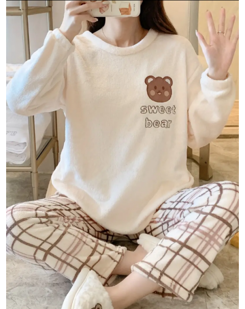 Cute & Warm Teddy Bear Pattern Loungewear Pajamas, Long Sleeve Pullover Tops & Plaid Pants, Women's Sleepwear & Loungewear