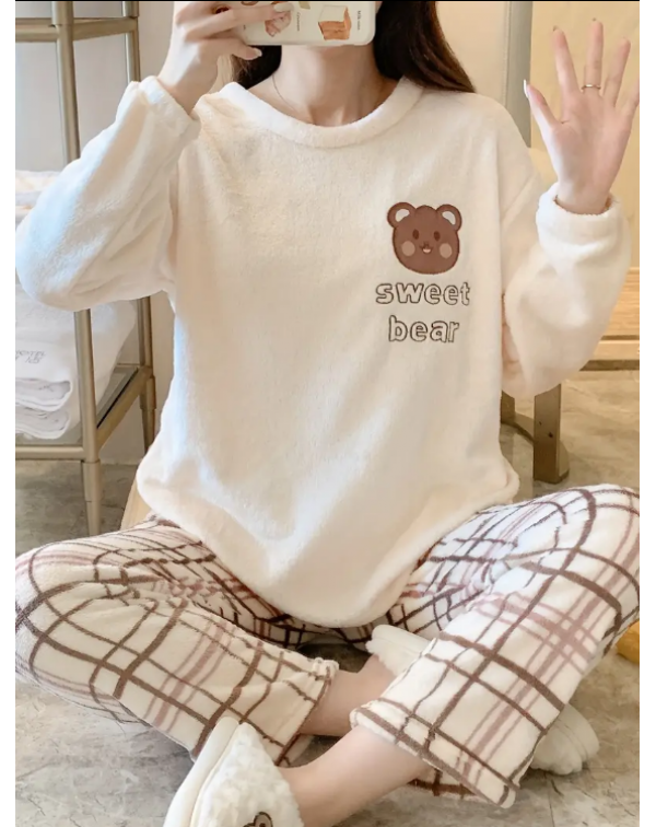 Cute & Warm Teddy Bear Pattern Loungewear Paja...