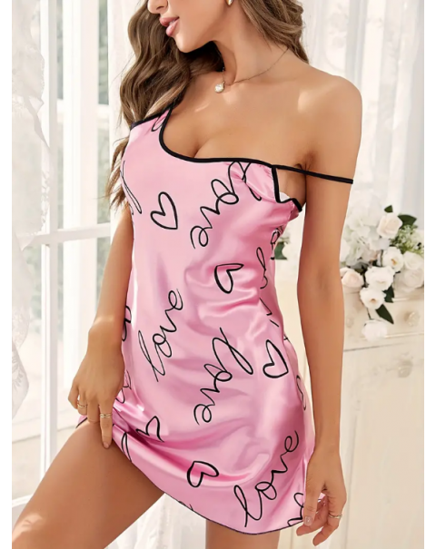 Heart & Letter Print Nightdress, Elegant Backless Spaghetti Strap Sleep Dress, Women's Sleepwear & Dresses