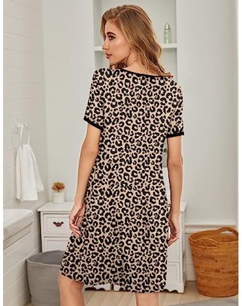 Women Nightgown Short Sleeve Comfy Sleepshirts Pleated Scoopneck Nightshirt