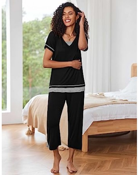 Women's Pajama Set Short Sleeve Shirt and Capri Pants Sleepwear Pjs Sets Soft Sleepwear